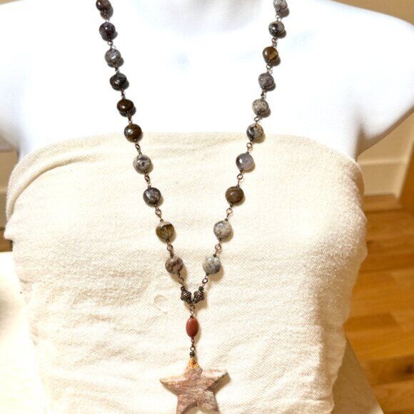 Natural Earthy Agate Star Pendant Long Necklace, Genuine Gemstone + Copper Links - Picture 2 of 16